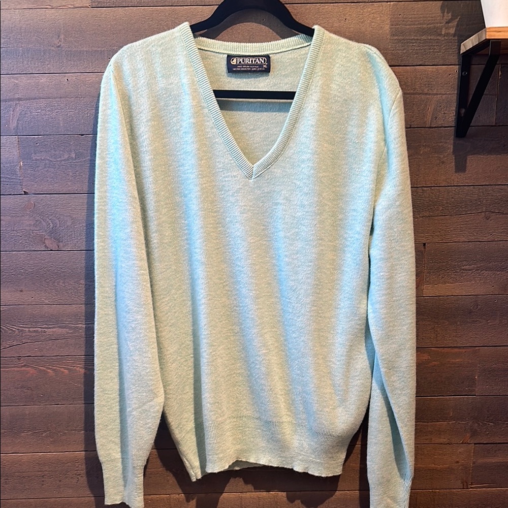 Puritan Mint Green V-Neck Sweater Classic Knit Made in The USA
